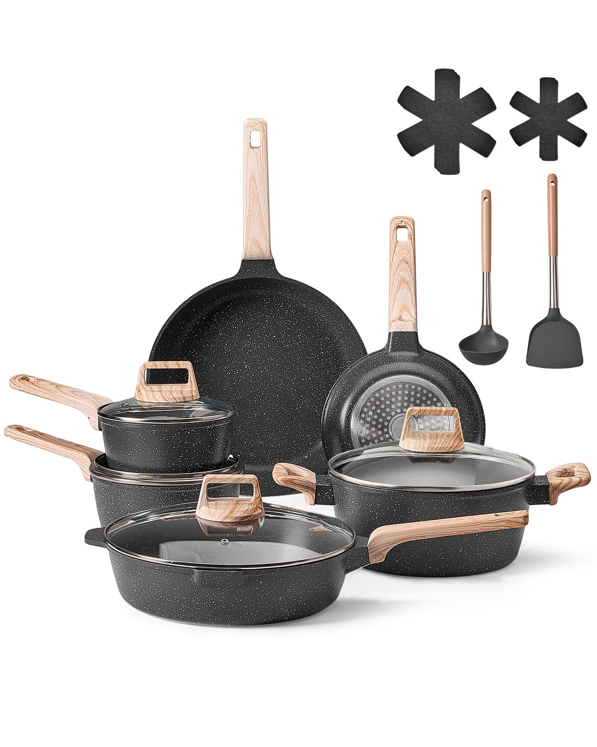 VEVOR 17Piece Pots and Pans Set Granite Nonstick Kitchen Cookware InductionBlack