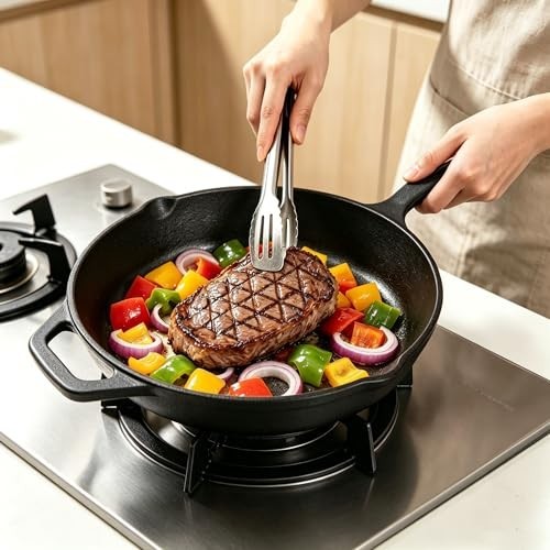 Cast Iron Skillet, Frying Pan for Grilling, Searing, Baking (10 inch with Lid)