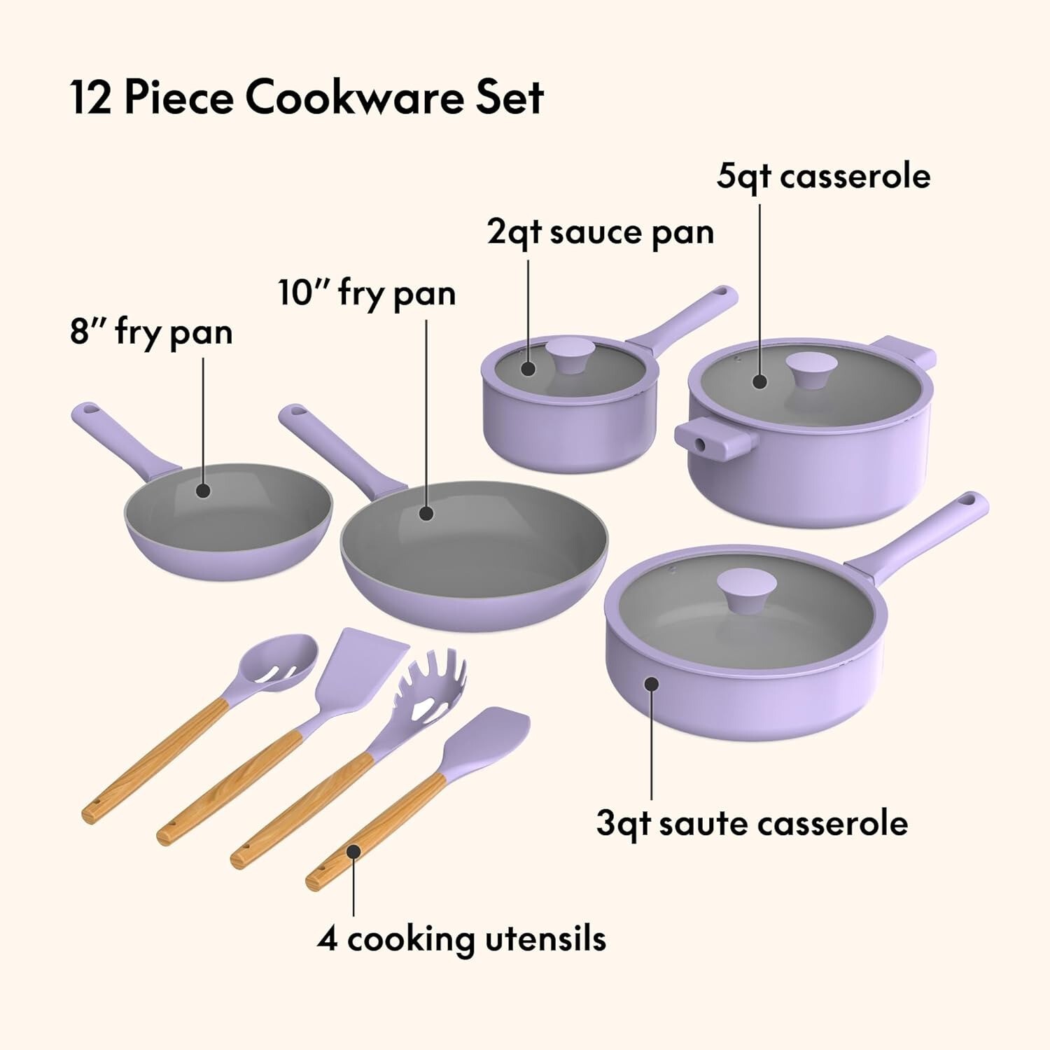 12 Piece Ceramic Nonstick Cookware Set with Utensils Lavender