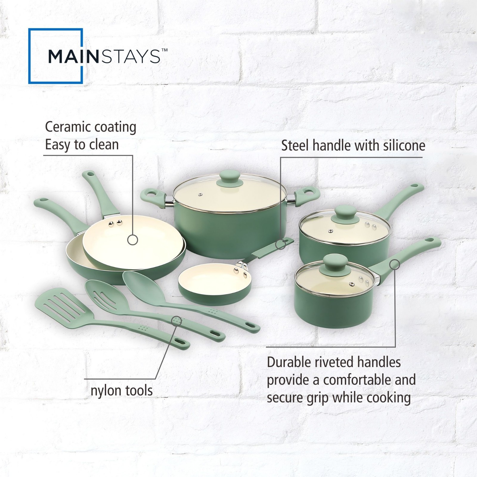 Mainstays Ceramic Aluminum, 12 Piece, Pots and Pans Cookware Set Green Nonstick