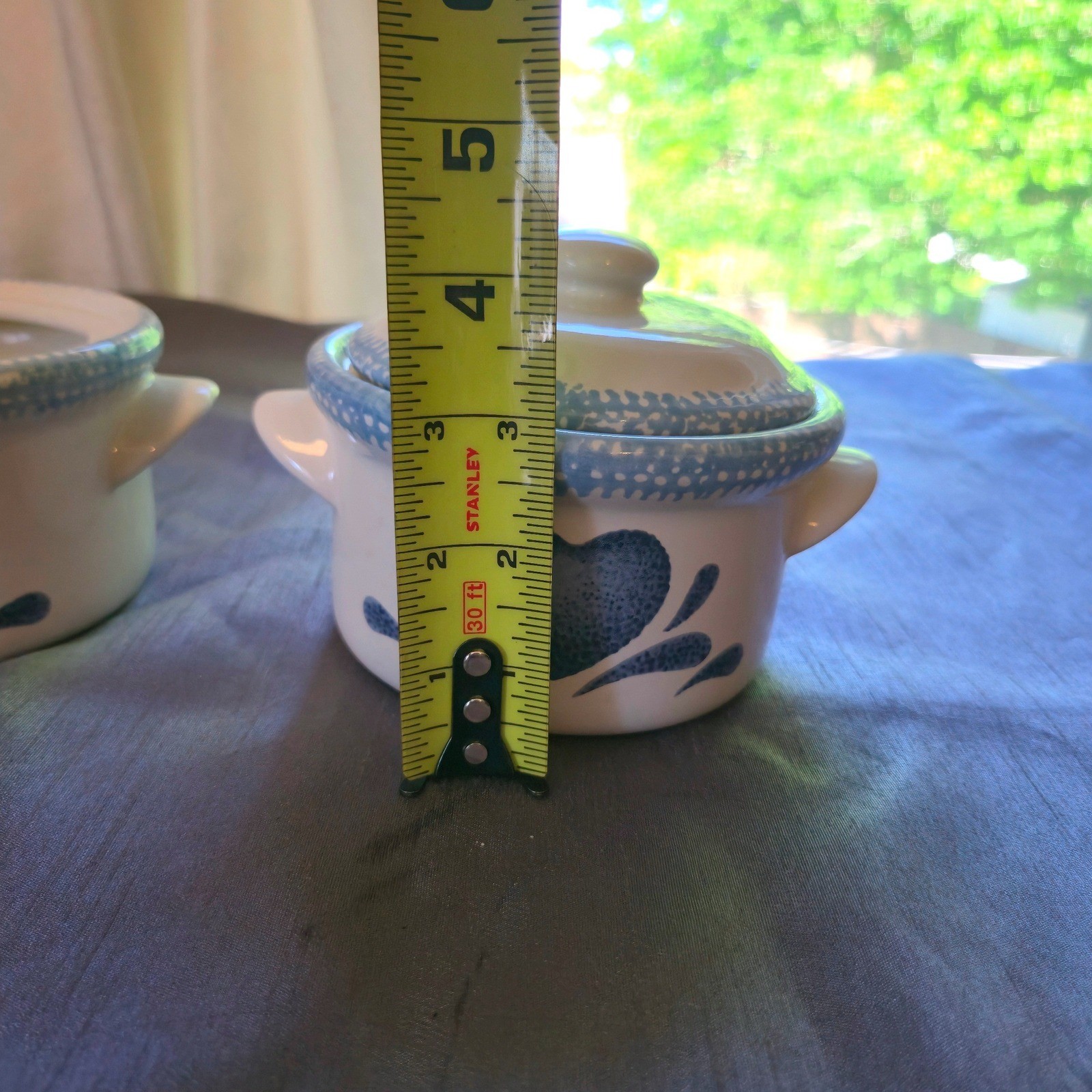 Stoneware Mini Crocks w/ Lids Blue Heart Spongeware Bean Soup Pots Set of 2