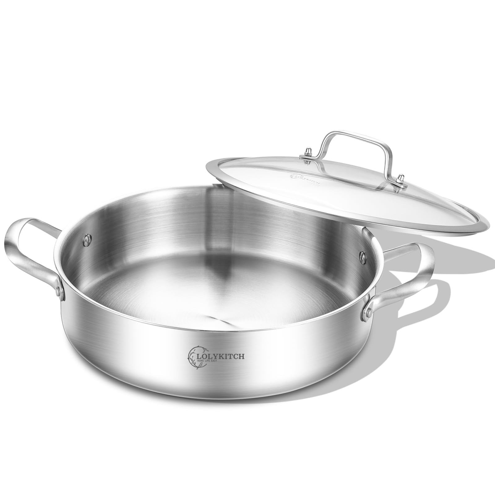 LOLYKITCH 3 Quarts Tri-Ply Stainless Steel Sauté Pan wih Lid,10 Inch Induction C