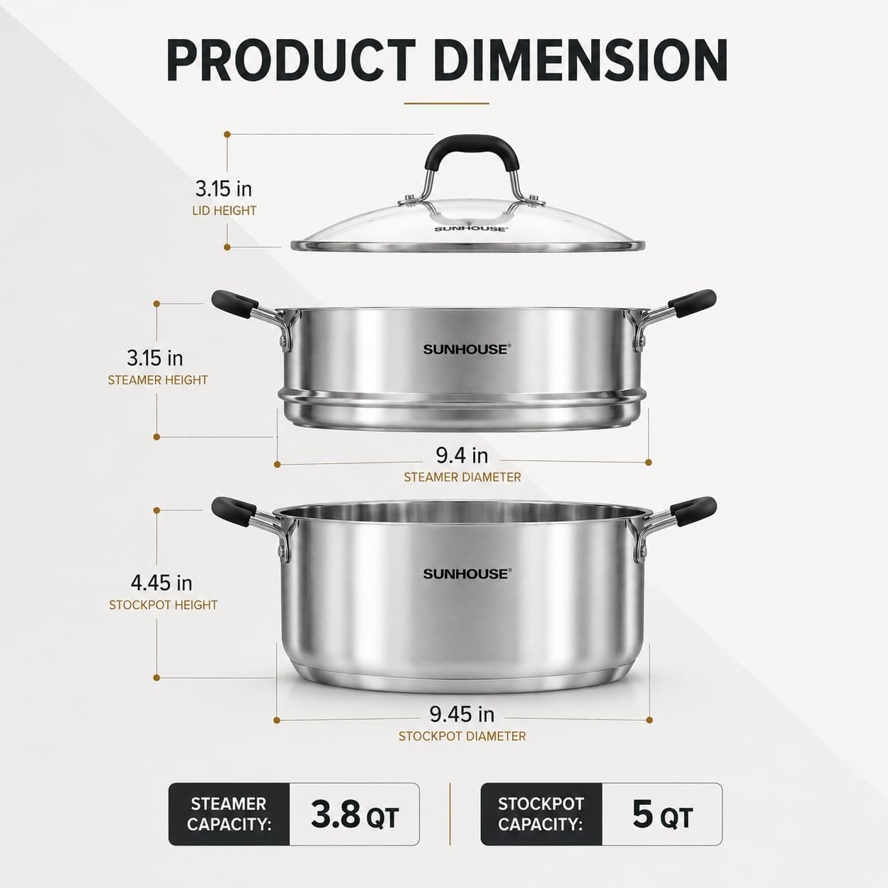 SUNHOUSE Stainless Steel Steamer Pot 5 QT 2 Tier for Vegetables