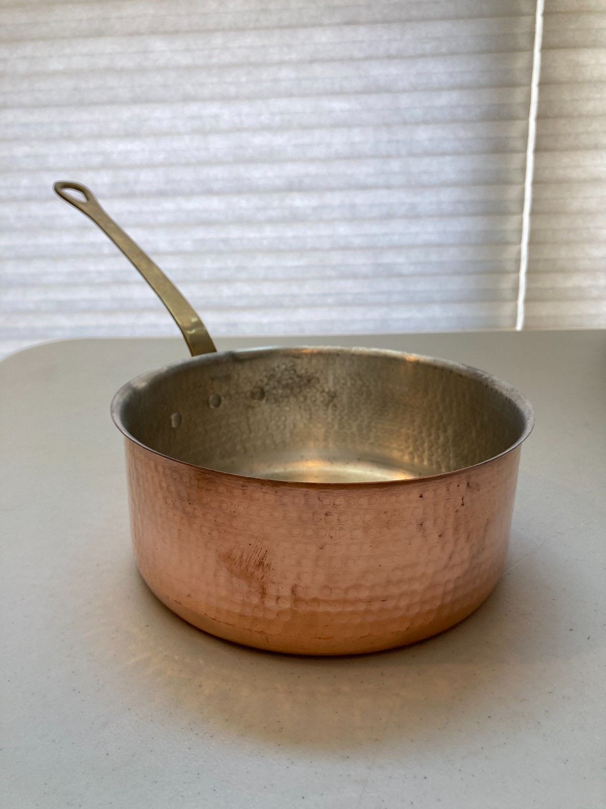 Tin Lined Hammered Copper Saucepan 7.5″ Brass Handle – Light Gauge – Unmarked