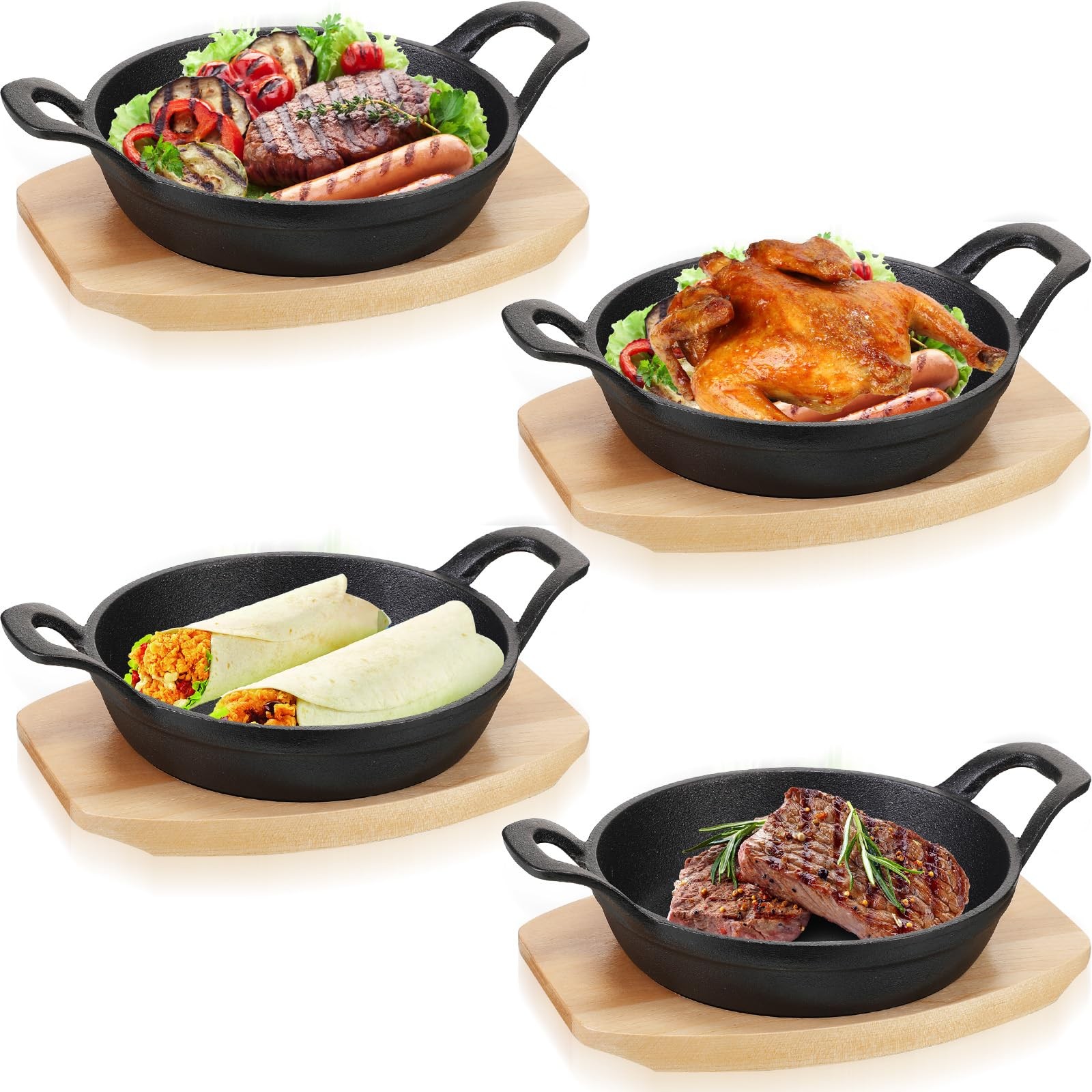 4 Sets 3.9 Inch Mini Cast Iron Skillet with Wooden Base Fajita Plate Pot