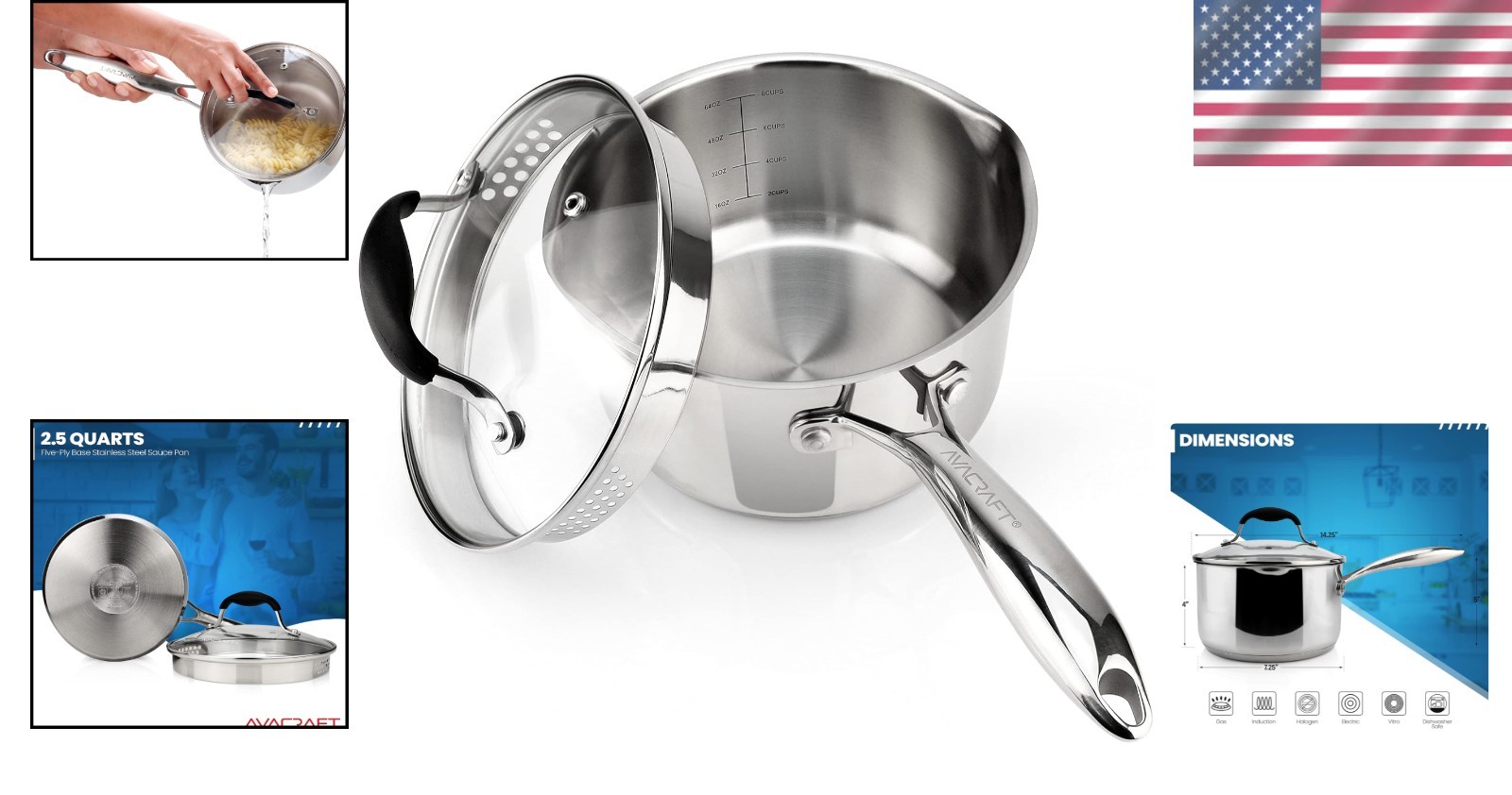 Durable Stainless Steel Saucepan with Strainer Lid