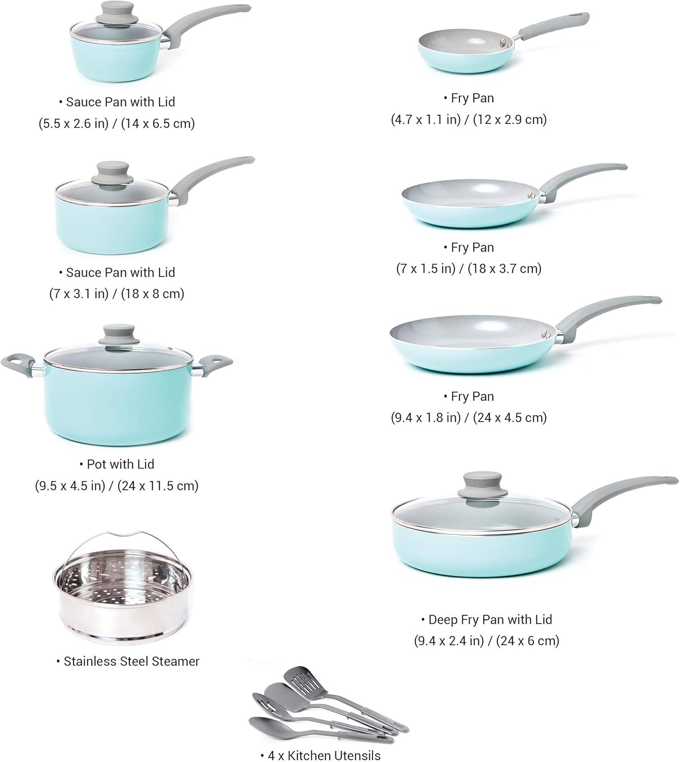 16Pc Non-Stick Stone Cookware Set w/ Steamer & Glass Lids Turquoise