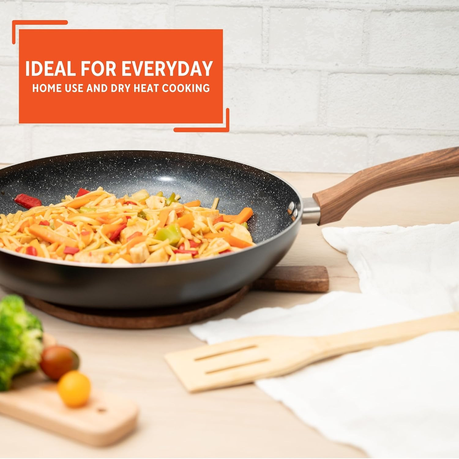 12-Inch Ceramic Nonstick Frying Pan – Black Speckled Aluminum Skillet with Wood-