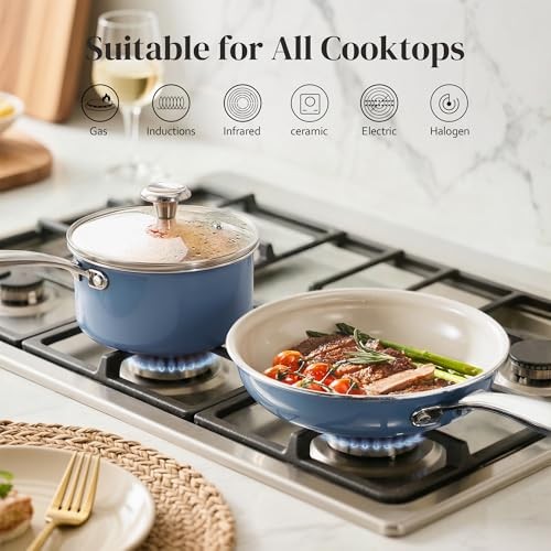 Saucepan & Frying Pan Set, 8″ Ceramic Frying pan & 2.5Qt Saucepan 3pc Set Blue