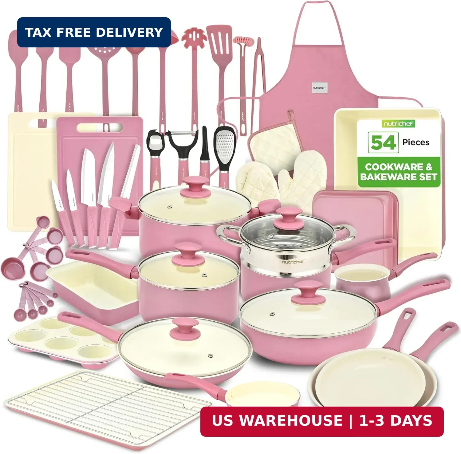 NutriChef 54-Piece Kitchen Cookware Set – Complete Non-Stick Ceramic Pots and Pa