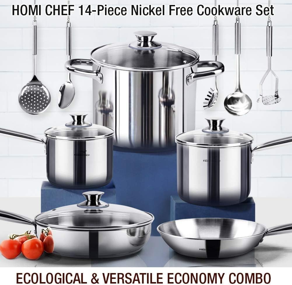 HOMICHEF 14pc Nickel Free Stainless Steel Cookware Set Non-Toxic Pots & Pans