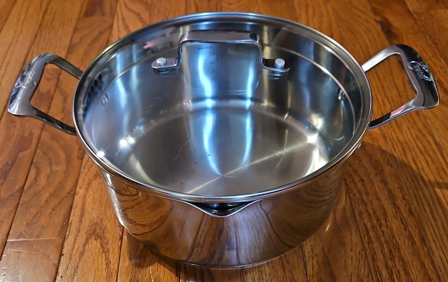 Emeril Stainless Steel 5 Qt Stockpot With Pour Spouts and Strainer Glass Lid