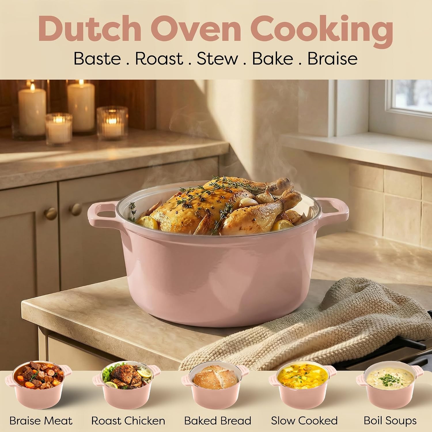 5 Qt Dutch Oven Pot W/ Lid Nonstick Ceramic Dutch Oven Stock Pot 10 in 1 Cooking