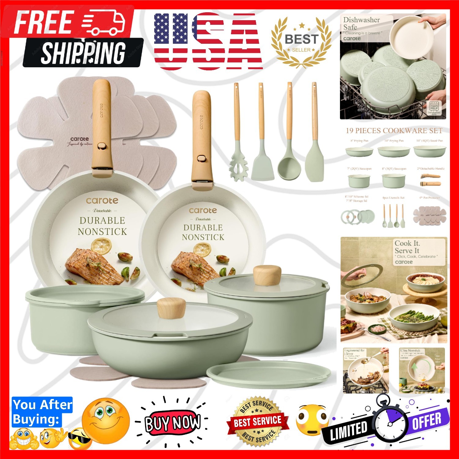 Pots and Pans Set, Nonstick Cookware Set Detachable Handle, 19pcs Induction K…