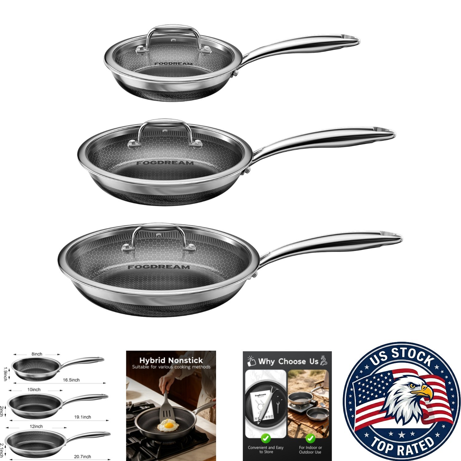 Eco-Friendly Honeycomb Nonstick Frying Pan Set: 8, 10 & 12 Inch for All Cooktops