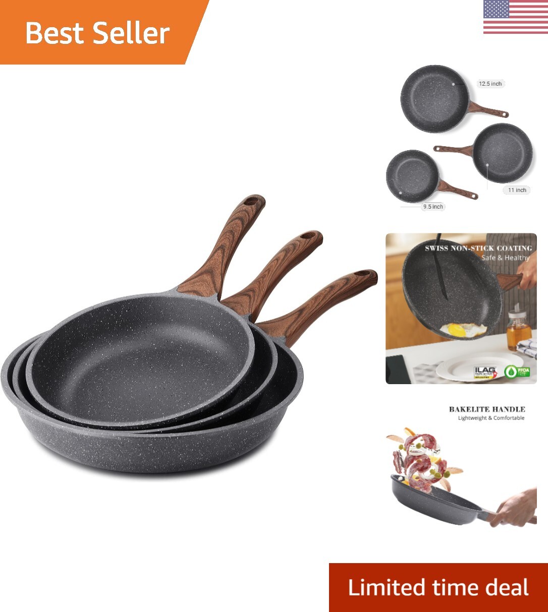 Swiss Granite Coating Nonstick Chef’s Pan Set – 9.5+11+12.5 Inch, 3 Pieces
