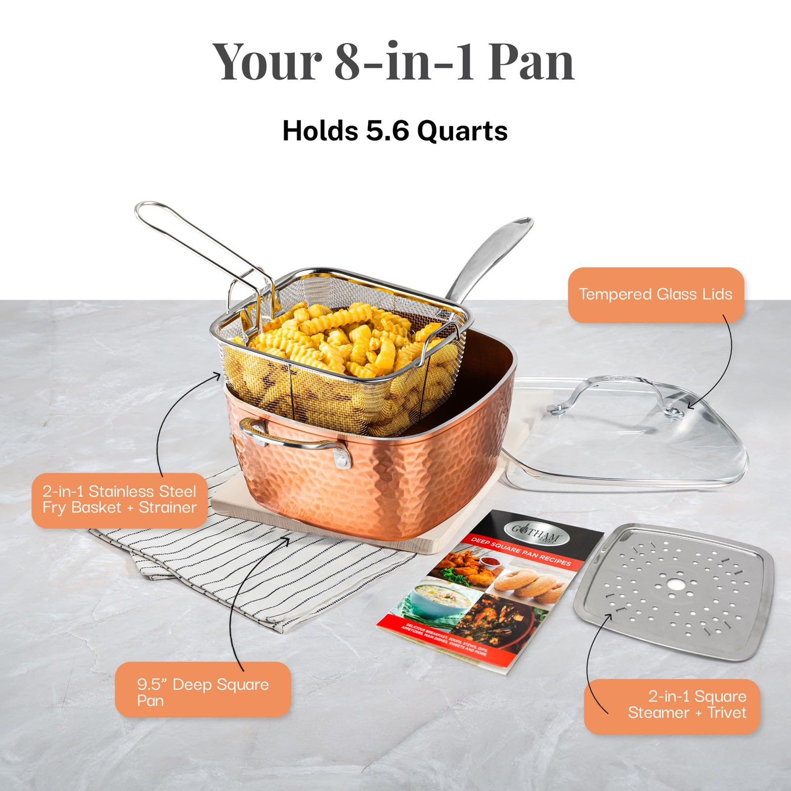 Gotham Steel Nonstick Square Deep Frying Pan 9.5 Copper Ceramic Pot Lid Basket