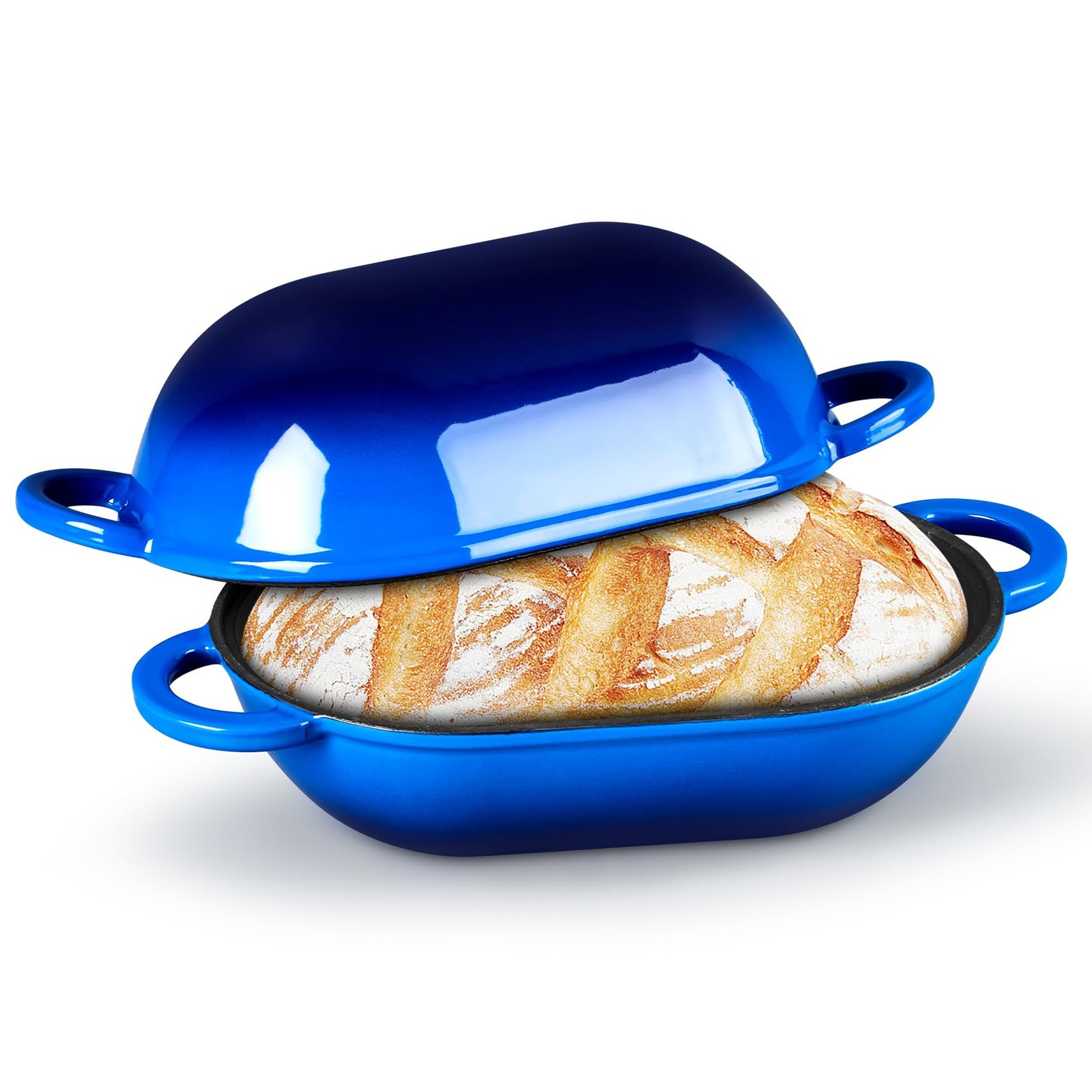 TeamFar Enameled Cast Iron Bread Loaf Pan, 2 QT Oval Dutch Oven with Lid for Sou