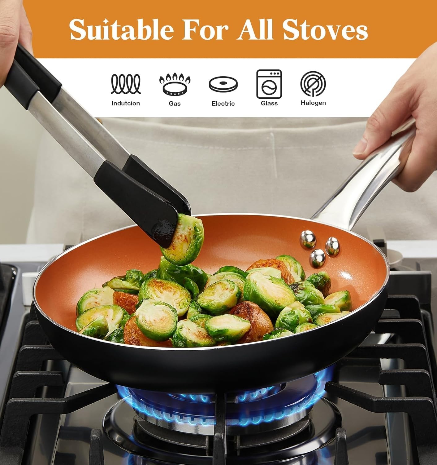 10-Inch Copper Nonstick Frying Pan with Glass Lid & Titanium Coating, PFOA-Free