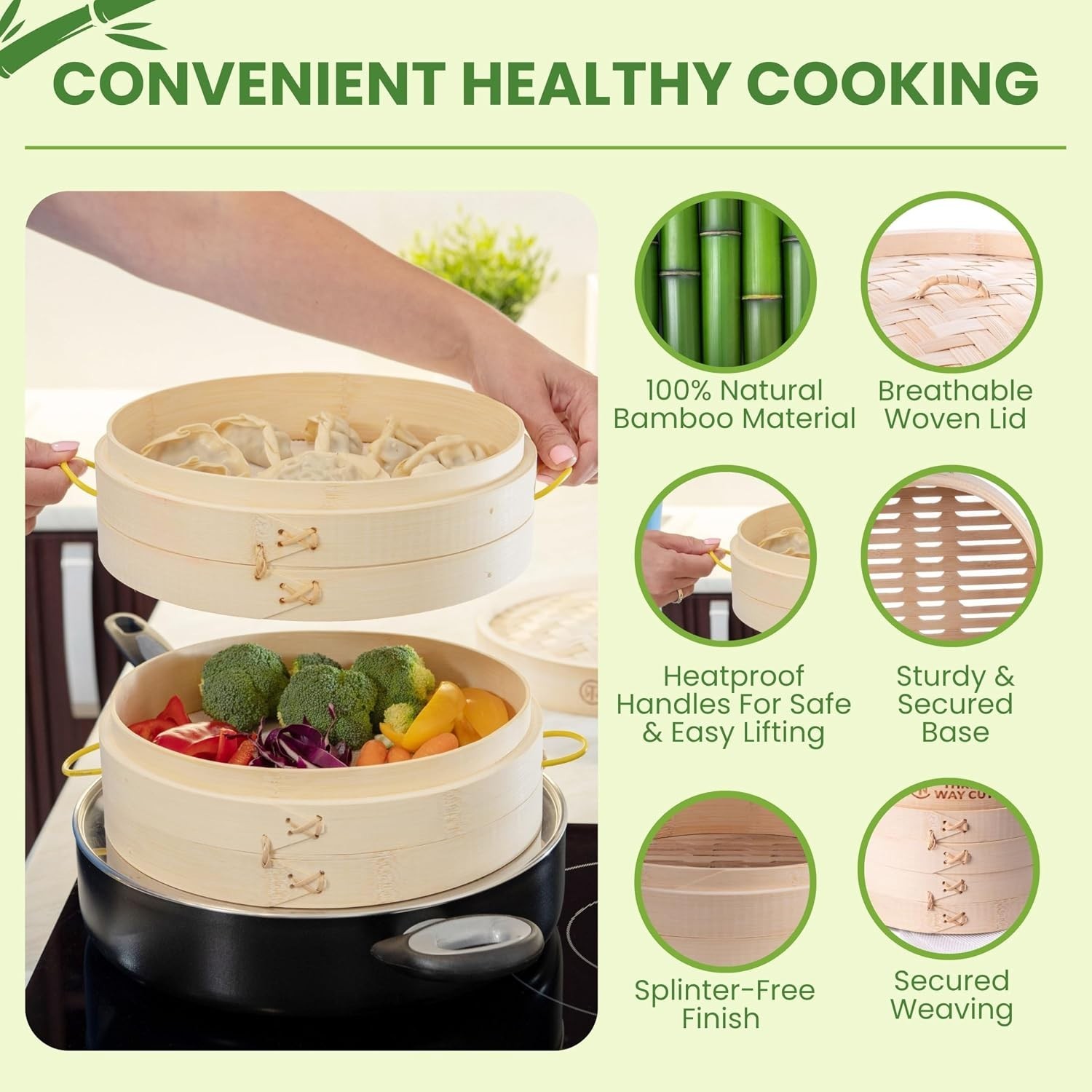 Bamboo Steamer 10 Inch 2 Tier Wooden Basket With Handles Reusable Silicone Li…