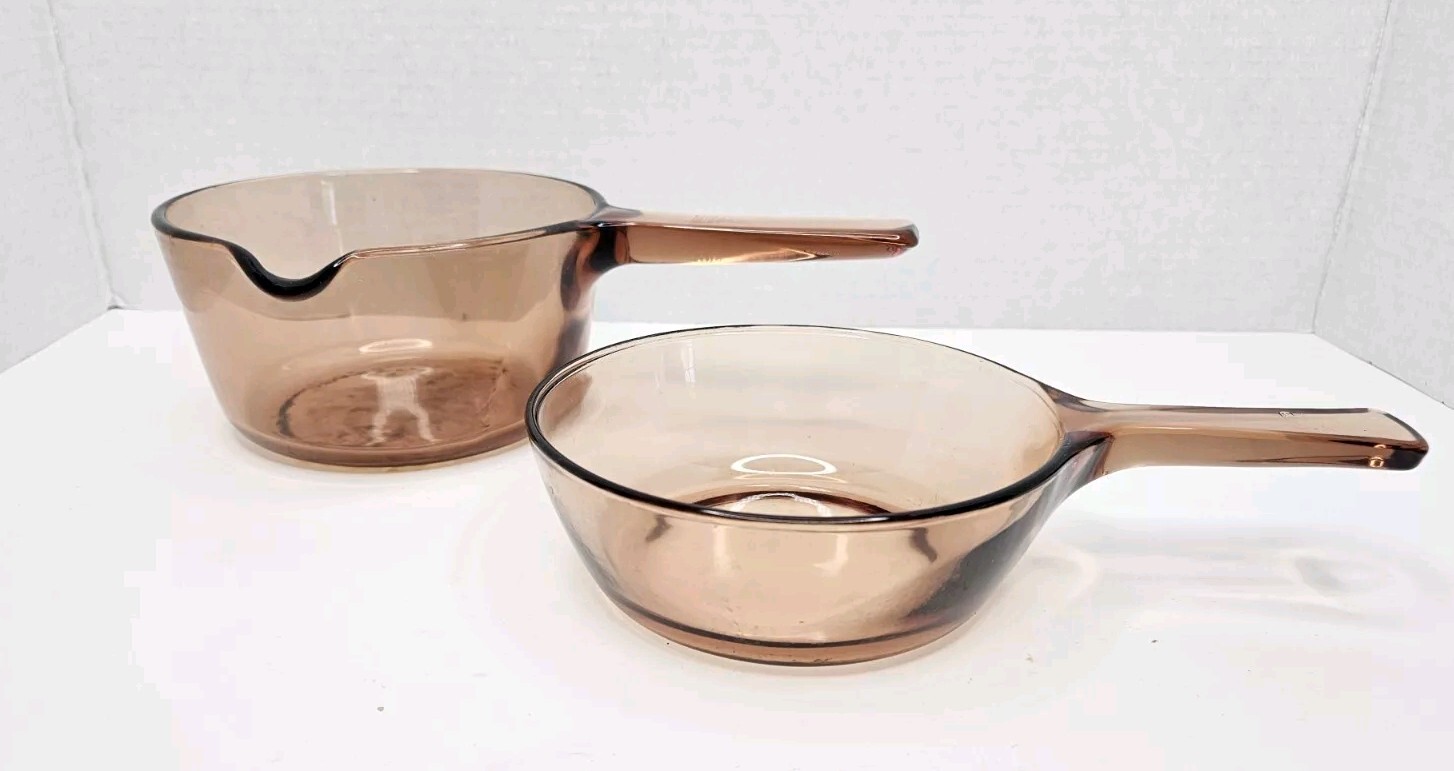 Set of 2 Corning Visions Cookware Amber .5 L & 1 L Sauce Pans USA