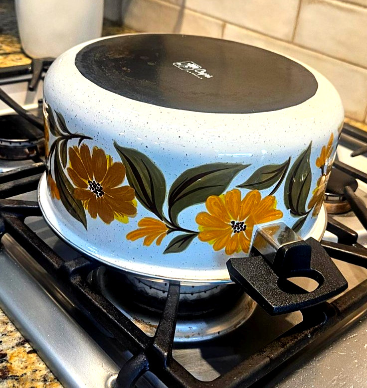 Vintage 70″s MJP Capri Enamelware Pot Orange Daisy Floral MCM Spain No Lid