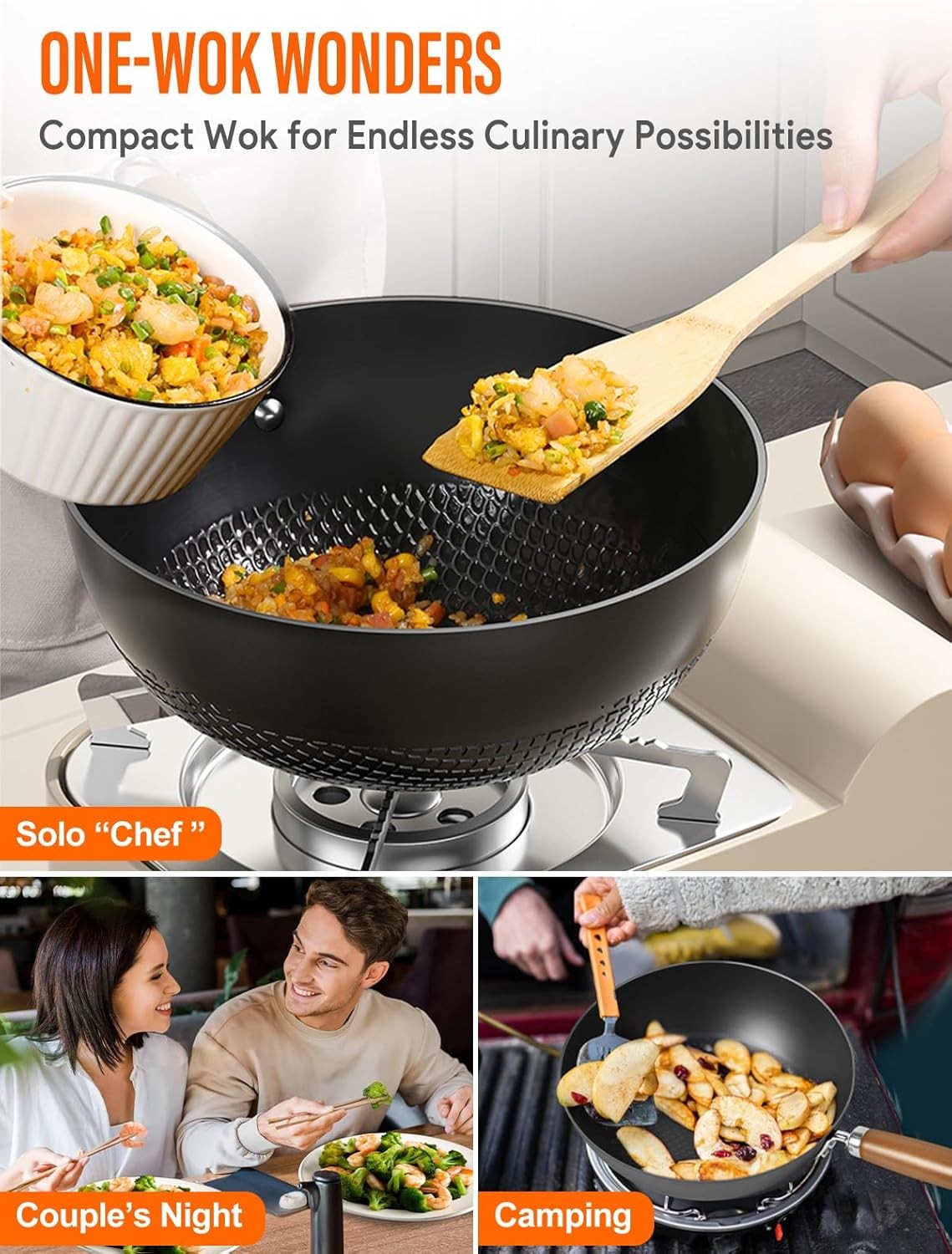 Carbon Steel Wok Pan, 9.5″ Authentic Chinese Stir-Fry Pans Set with Glass