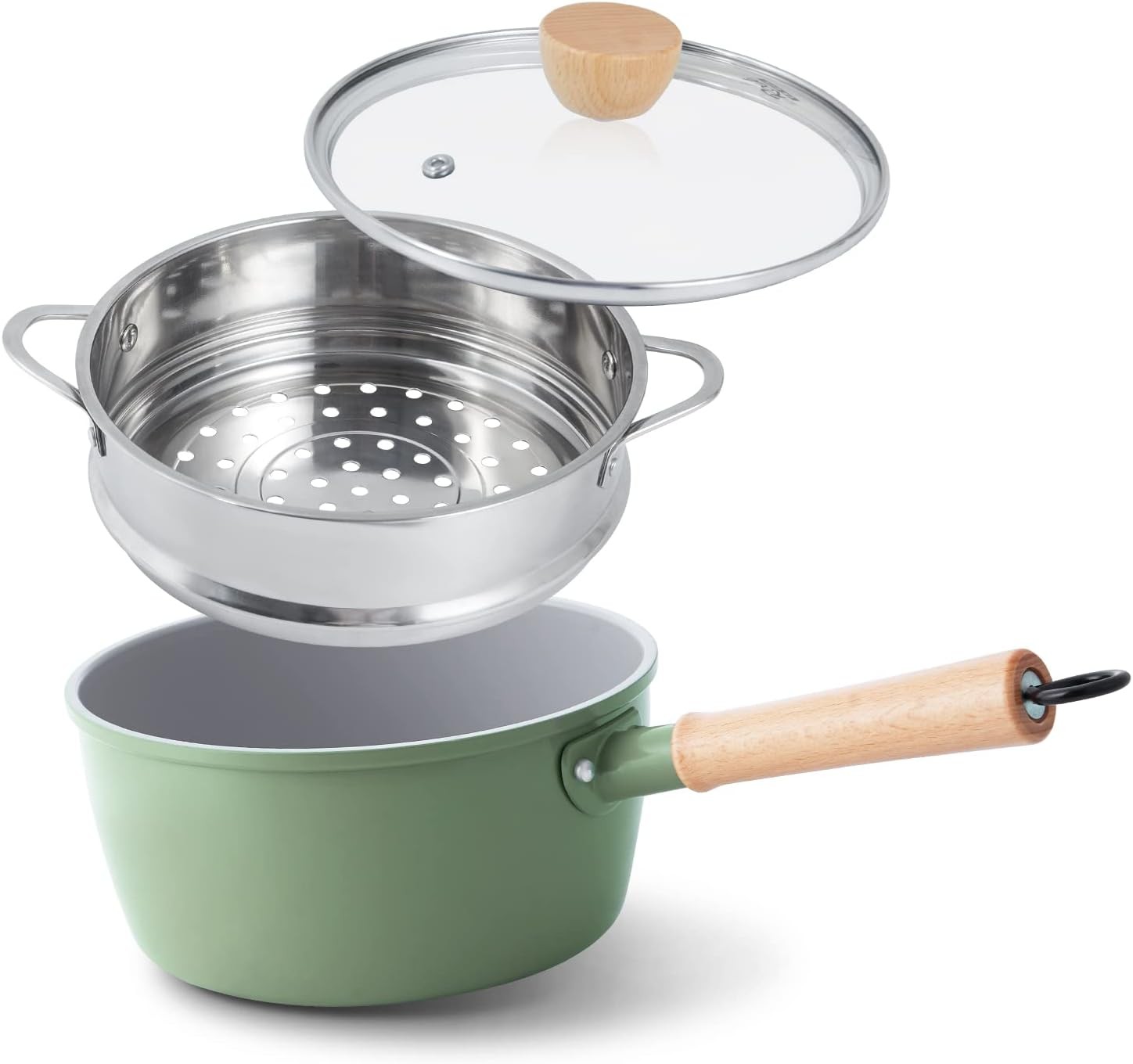 Ceramic Nonstick Sauce Pan 3 QT Pot W/ Steamer Non Toxic & PFAS-Free Wooden