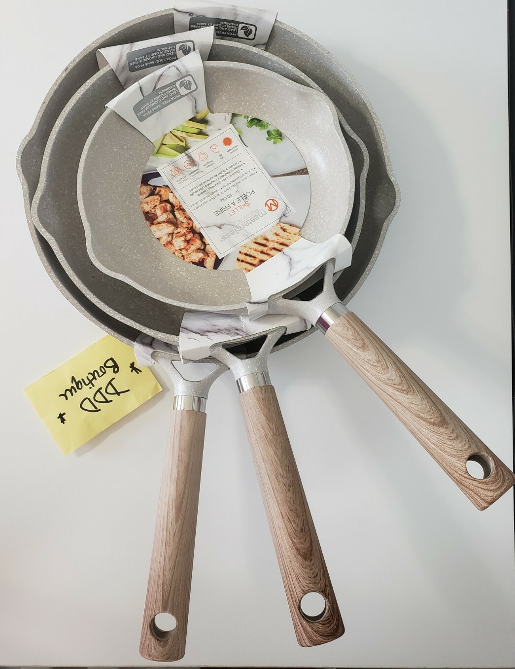 NEW! 3PC Set Masterclass 8″ 9.5″ 11″ Beige Tan Skillet Speckled Premium Cookware