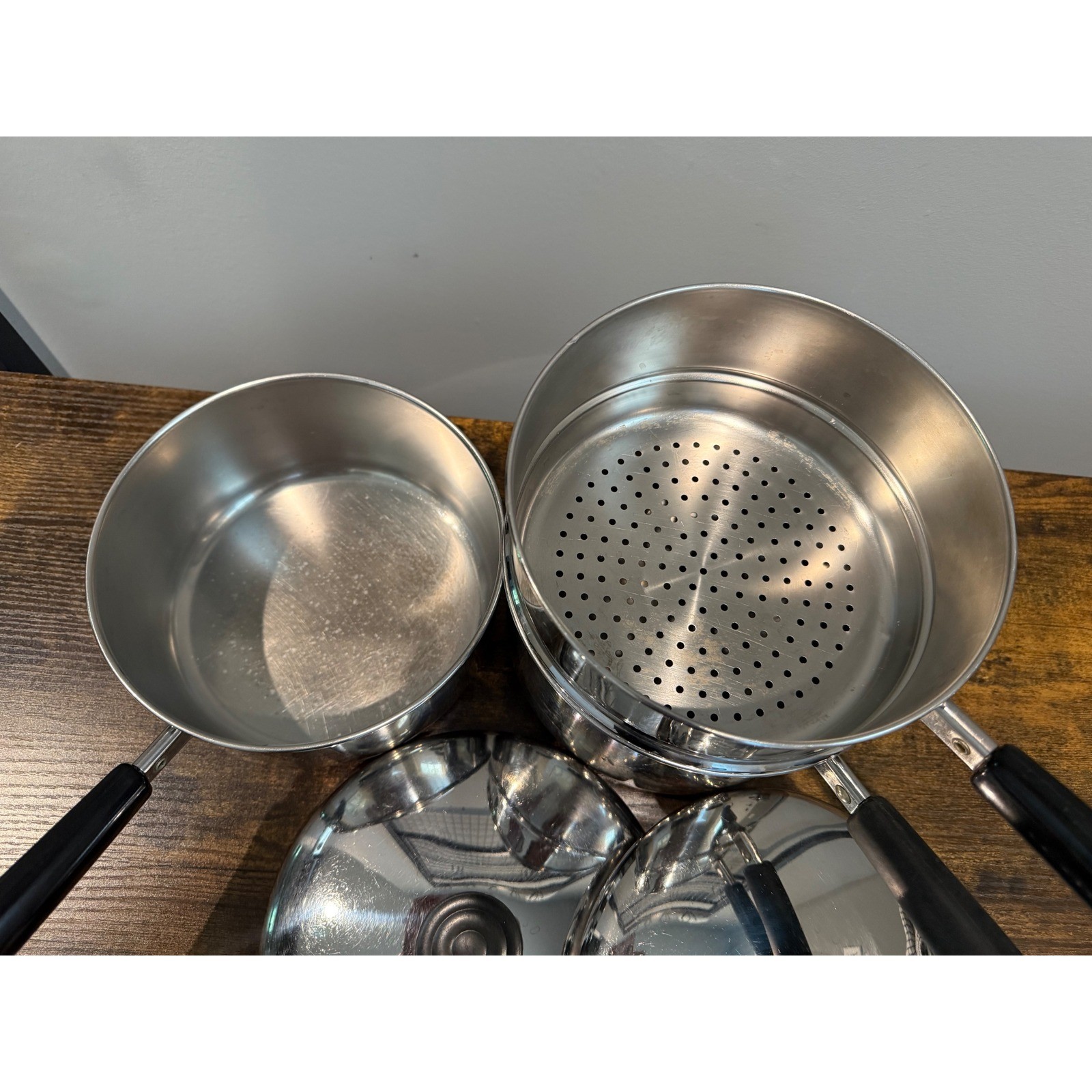 Revere Ware Copper Bottom 2Qt 3Qt Saucepan Set with Steamer Insert 5pc USA