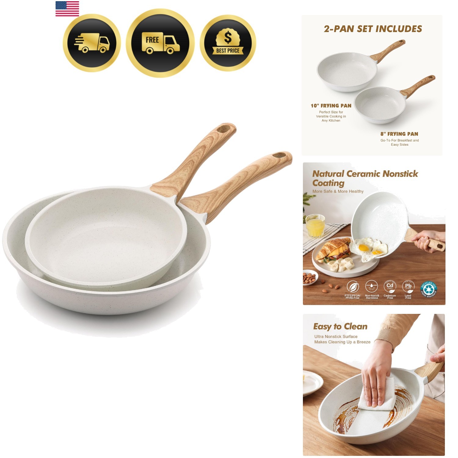Nonstick Frying Pan Skillets Ceramic Coating Omelette Pans 8 10 Inch Set