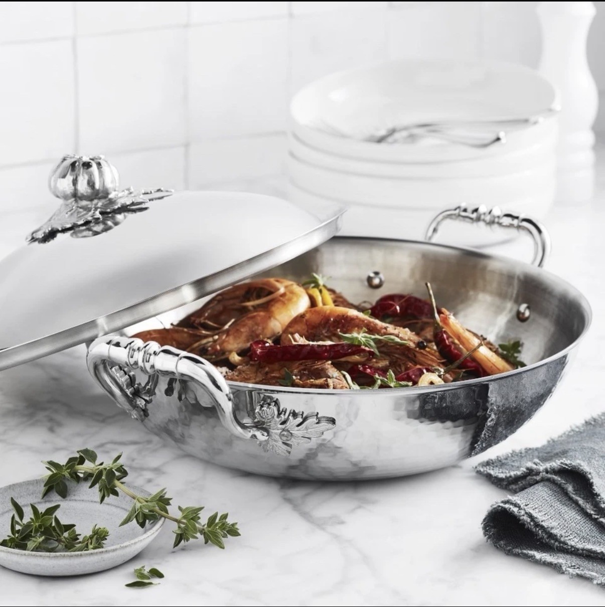 Ruffoni Opus Prima Hammered Stainless-Steel Wok 12” w/ Tomato Knob, 4 3/4-Qt