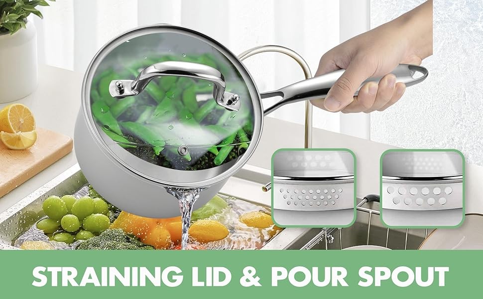 2.0 Quart Stainless Steel Pot Saucepan with Glass Strainer Lid, Sauce Pot with