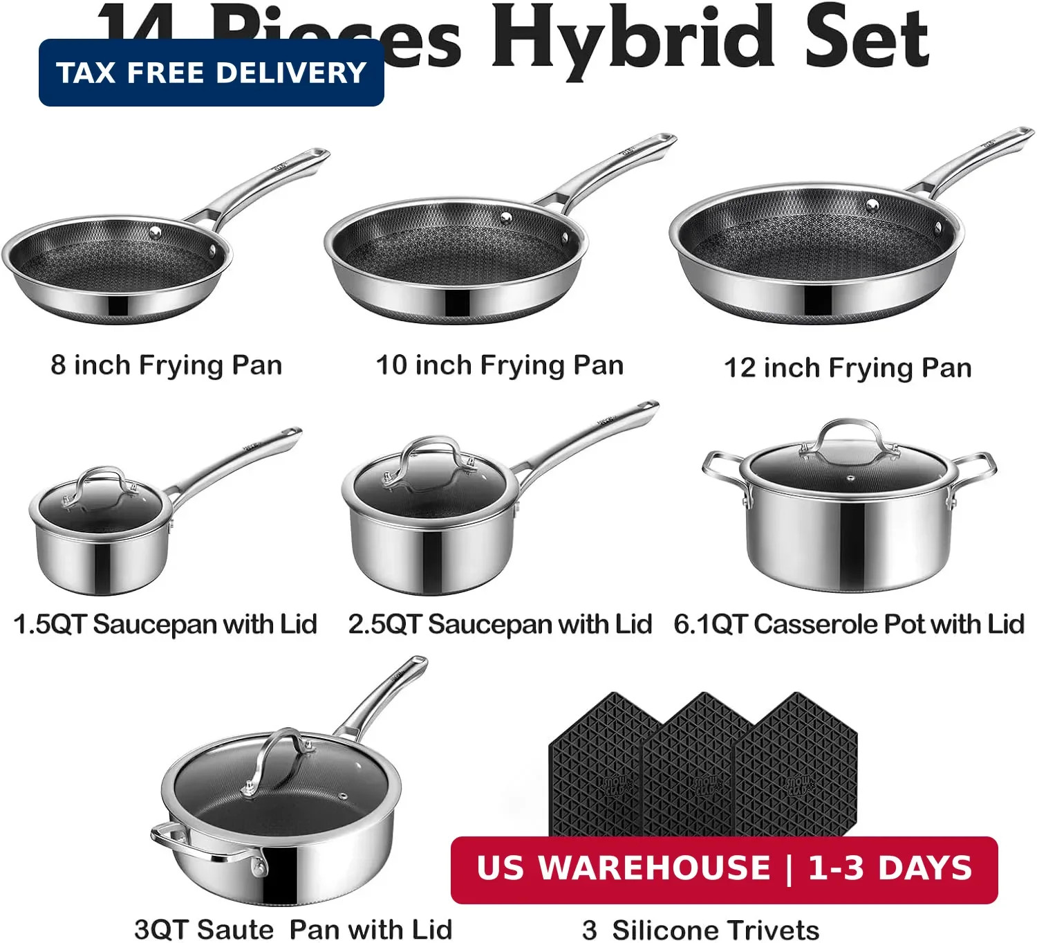 SNOWCLAD Pots and Pans Set Non Stick, 14 Pcs Hybrid Stainless Steel Cookware Set