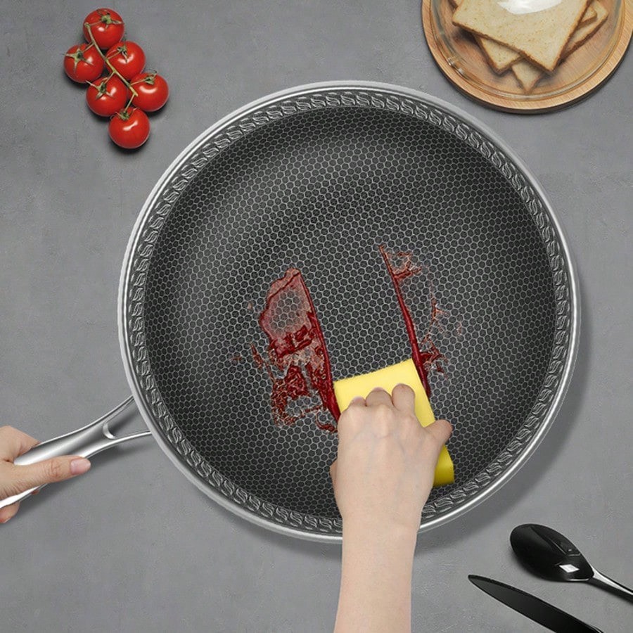 13.3 Inch Stainless Steel Wok Pan with Lid Honeycomb Nonstick Frying Pan