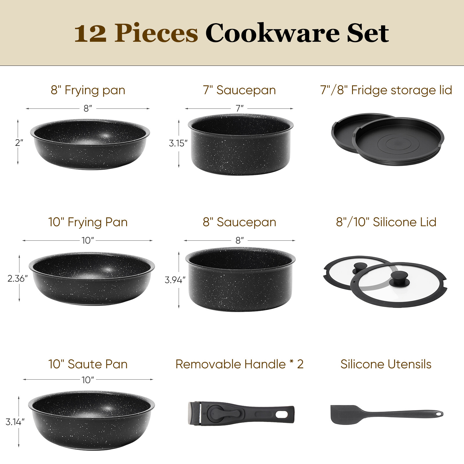 12pcs Non-Stick Cookware Set with Spatula & Detachable Handle, Pots and Pans Set
