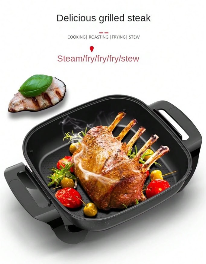 12×12 Electric Skillet 1500W Ceramic Nonstick Pan Glass Lid Adjustable Heat