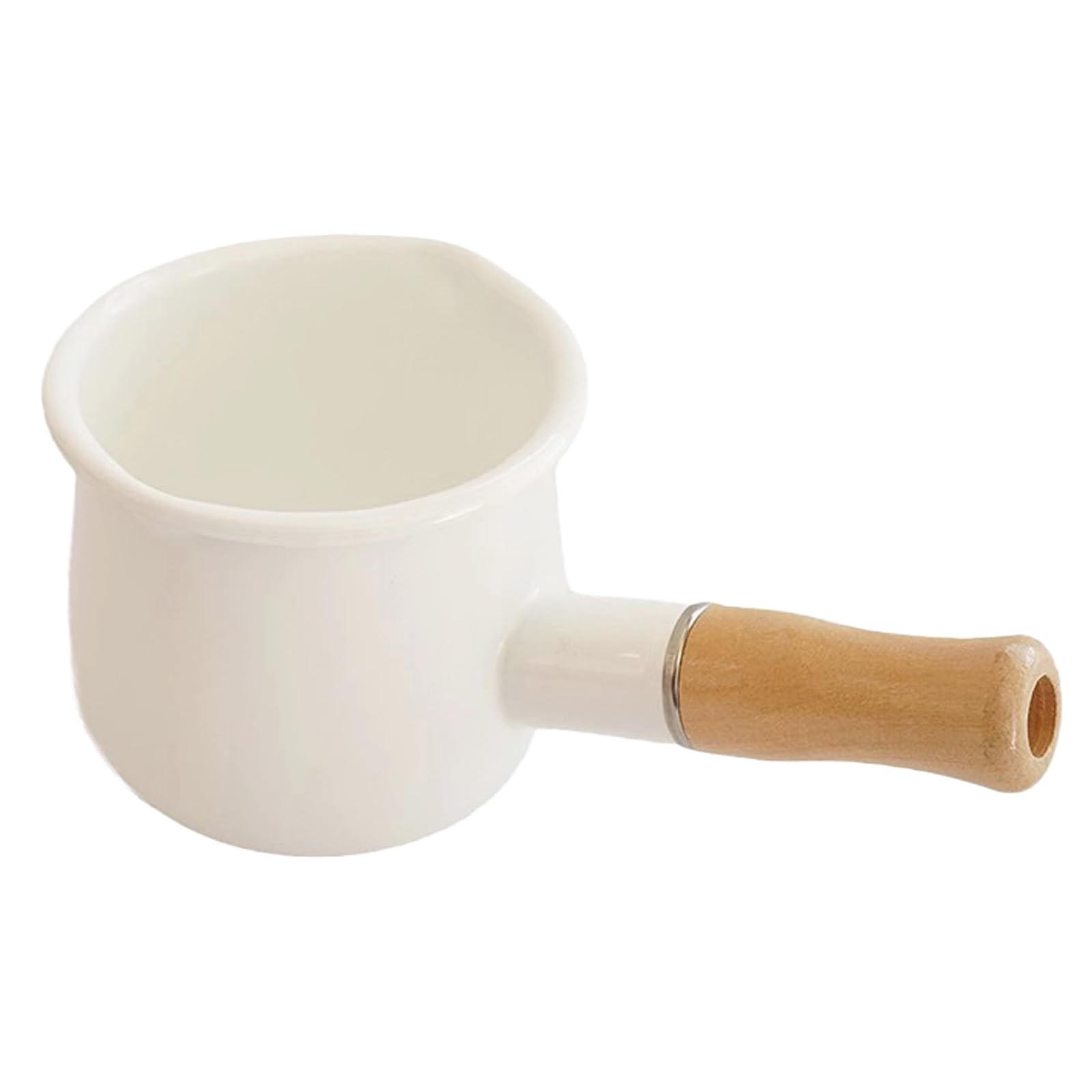 White Enamel Milk Pot Butter Warmer Small Sauce Pan Wooden Handle 17 oz