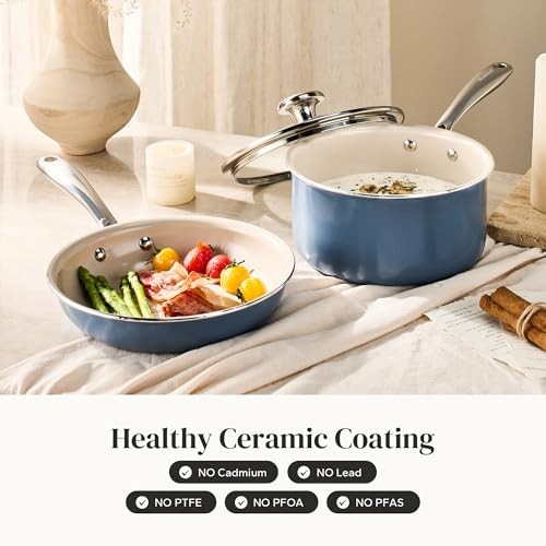 Saucepan & Frying Pan Set, 8″ Ceramic Frying pan & 2.5Qt Saucepan 3pc Set Blue