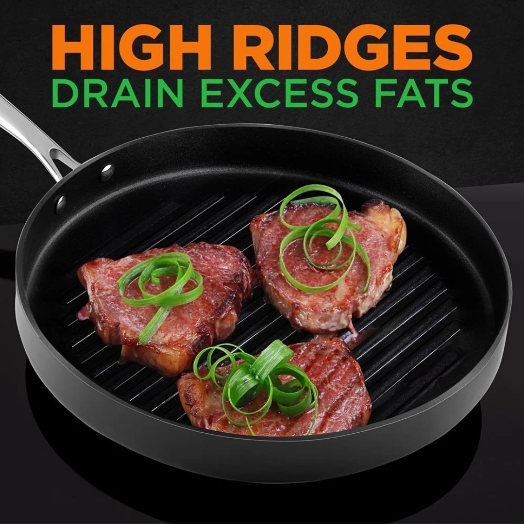 NutriChef 12in Hard-Anodized Nonstick Grill Pan Dishwasher Safe PFOA Free – NEW