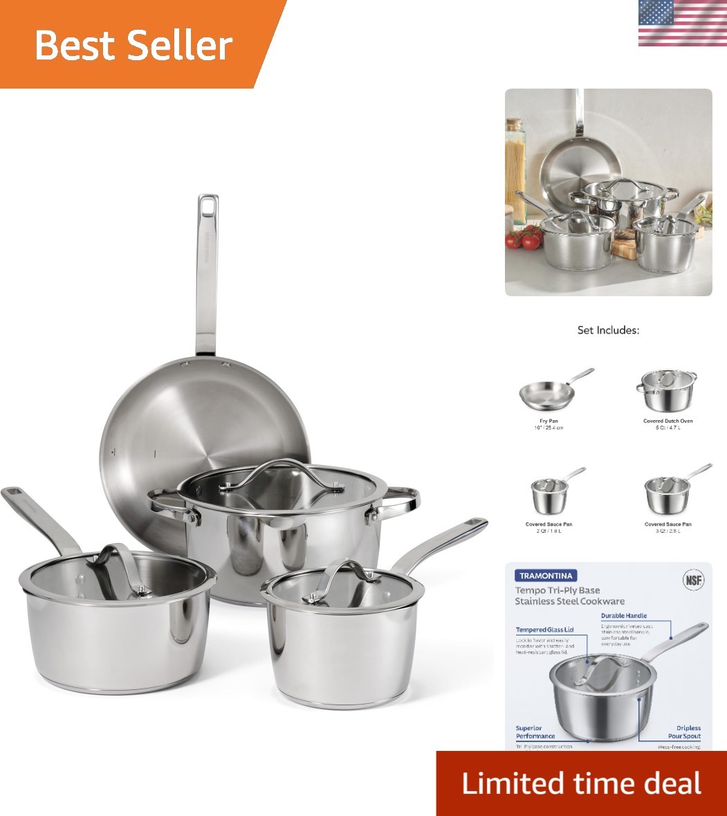 Tempo Tri-Ply Base Stainless Steel 7-Piece Cookware Set with Glass Lids, Pots…