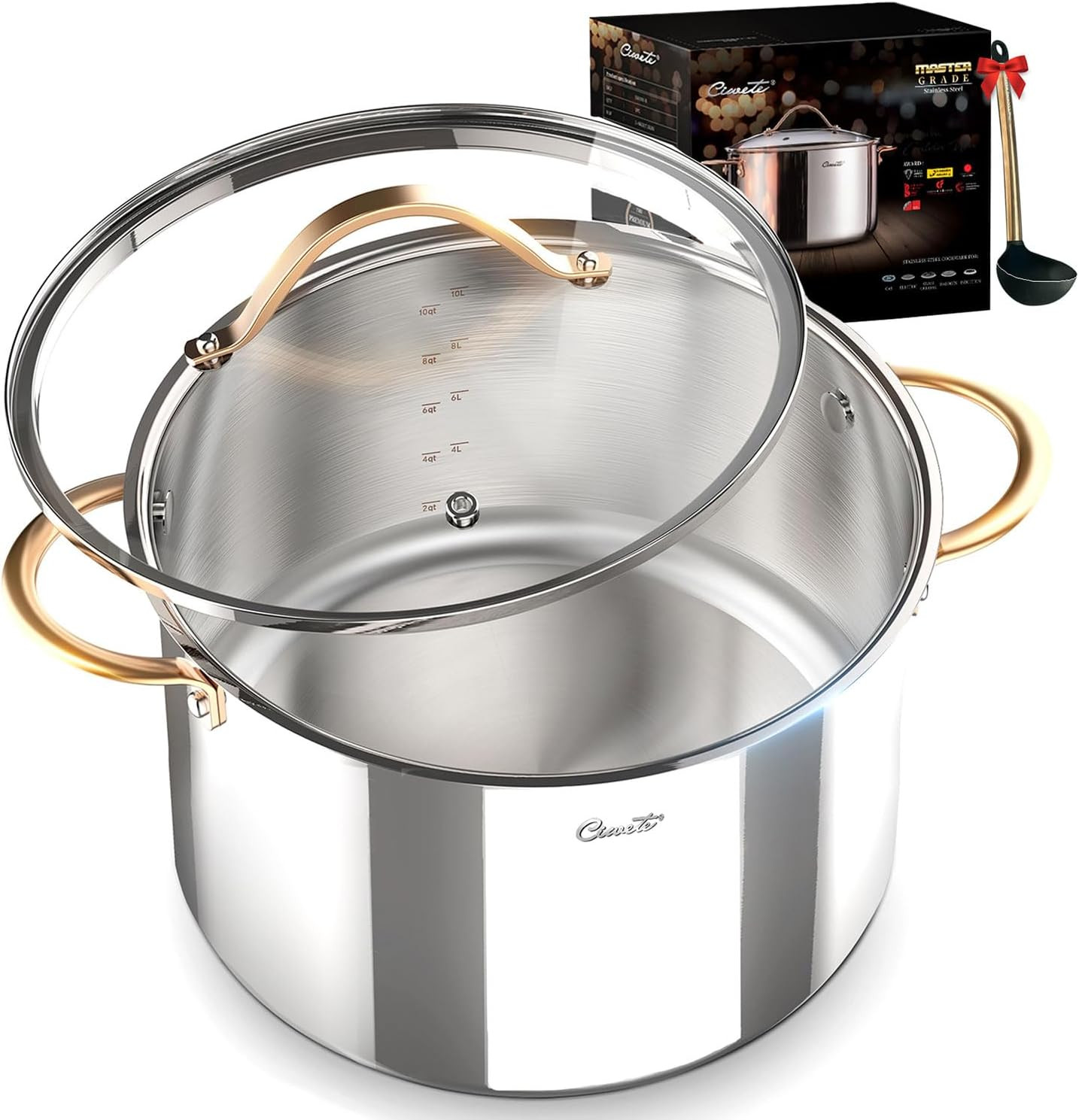 12QT Tri-Ply Stainless Steel Stock Pot with Lid & Copper Handle, Induction Safe