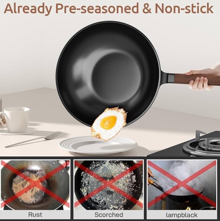 Carbon Steel Wok – Including Glass Cover and Silicone Spatula, 13-Inch