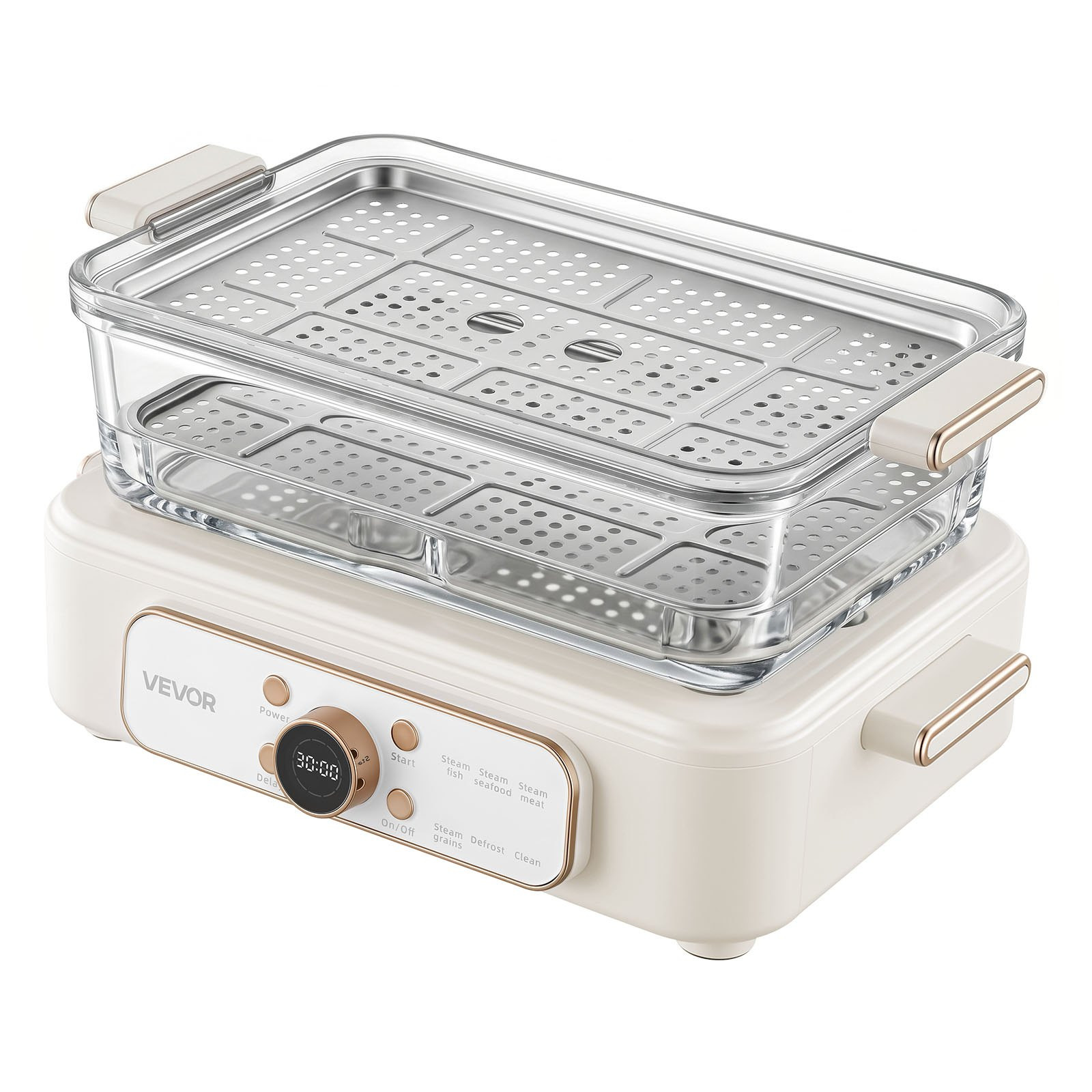6.3QT Electric Food Steamer 2 Tier Stainless Trays 1200W White Cooker