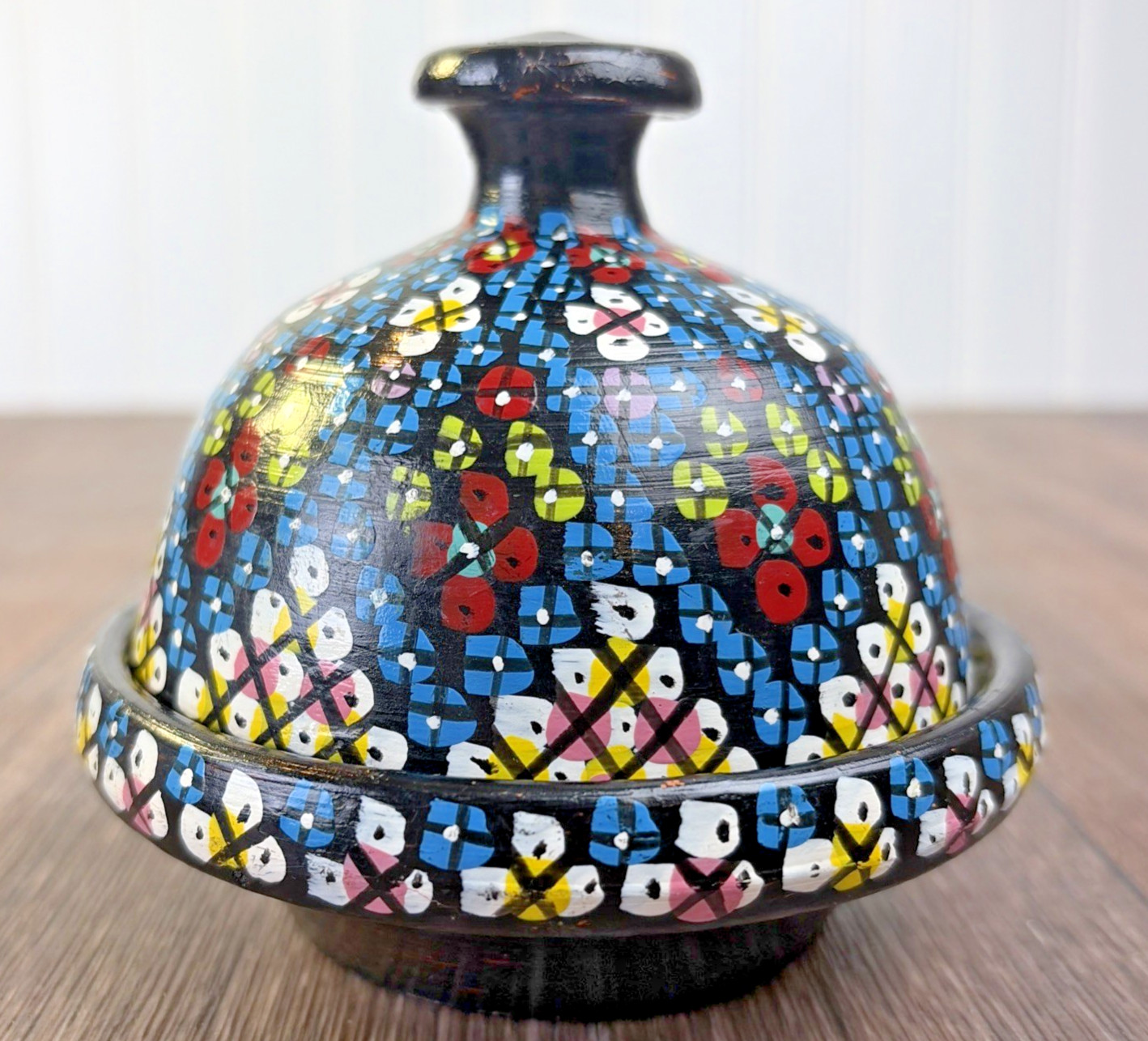Hand Painted Moroccan Terracotta Clay Pottery Tagine Dish 4″ Signed Trinket