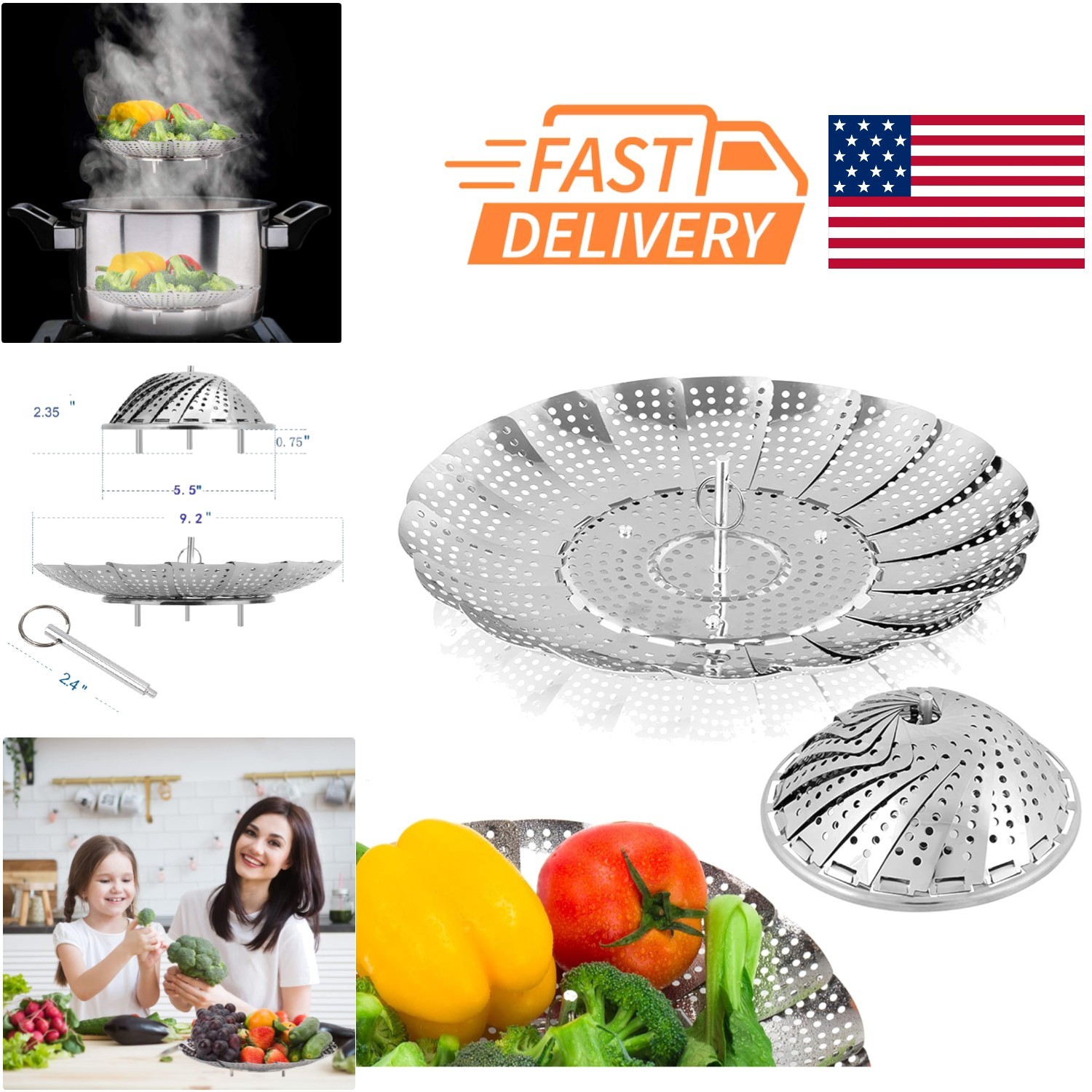 Vegetable Steamer Basket Stainless Steel Folds to Fit 5.5 to 9.2 Inches