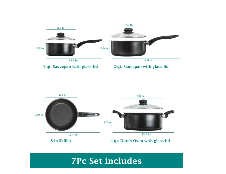 7 Piece Nonstick Cookware Set Pots And Pans Kitchen Cooking Set Black