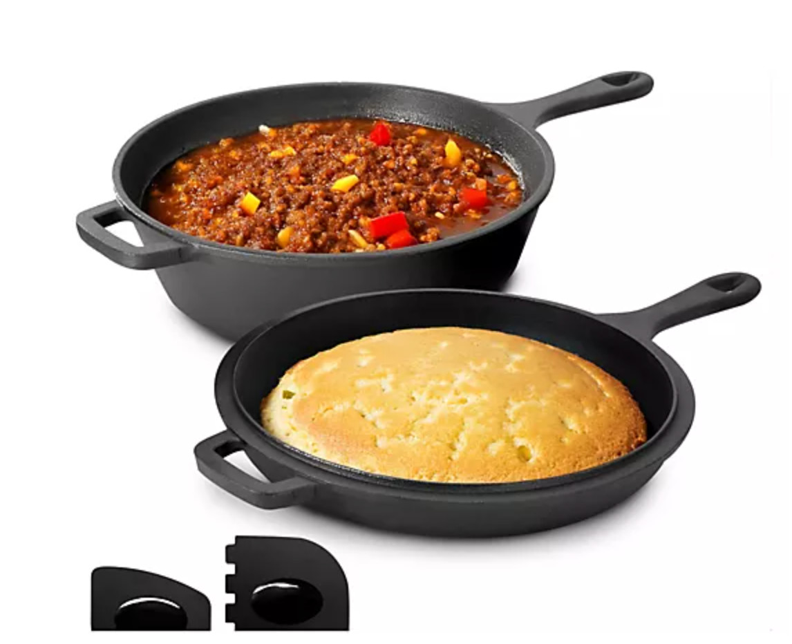 MegaChef 10.5″ 2-in-1 Cast Iron Skillet Fry PanLid w/ Scraper