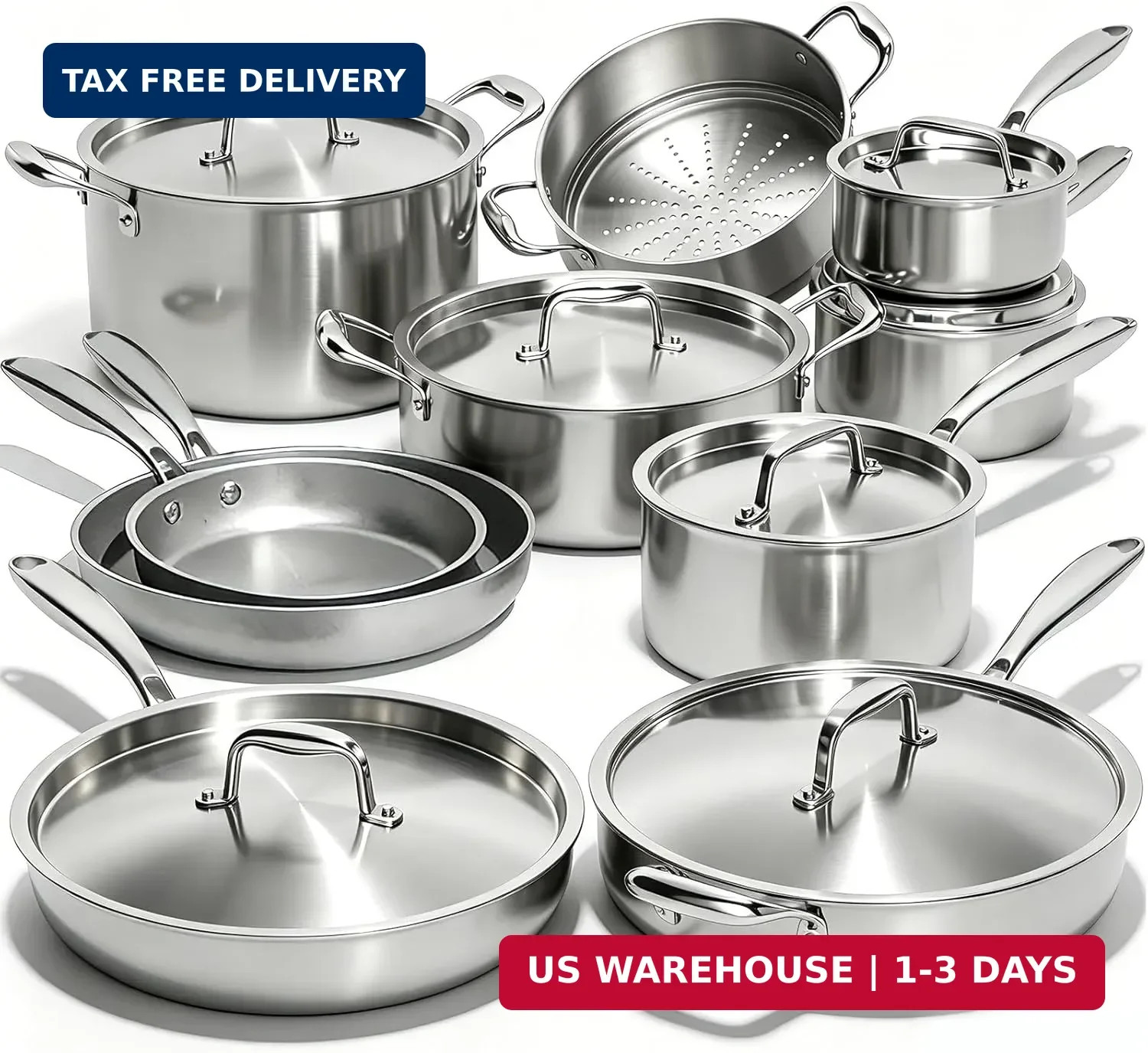 Umite Chef 17Pcs 5 Ply Clad Stainless Steel Cookware Set with Lids, Heavy Duty P