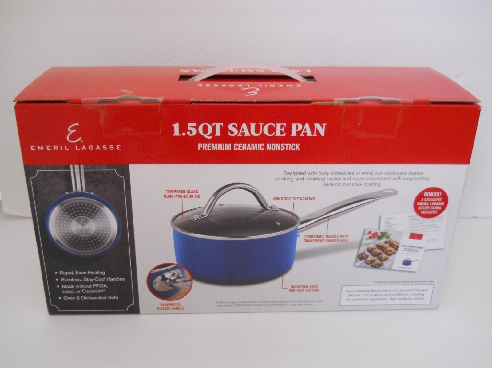 Emeril Lagasse Premium Ceramic Nonstick Cookware 1.5 QT Sauce Pan With Lid Blue